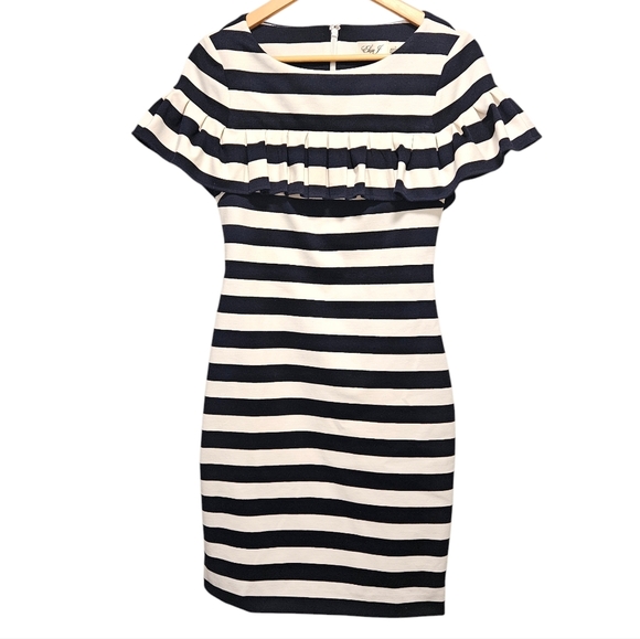 Eliza J Blue and White Mini Dress with Bateau Neckline and Ruffled Cap Sleeves 6 - Picture 6 of 16